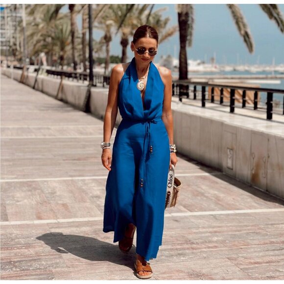 ZARA WOMAN LINEN BLEND HALTER DRESS INK BLUE XS S M L | 4786/293 NWT - Picture 7 of 15